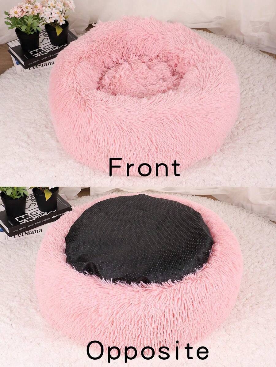 Pink plush round pet bed soft sleep cushion for cats and dogs filled with polypropylene fibers