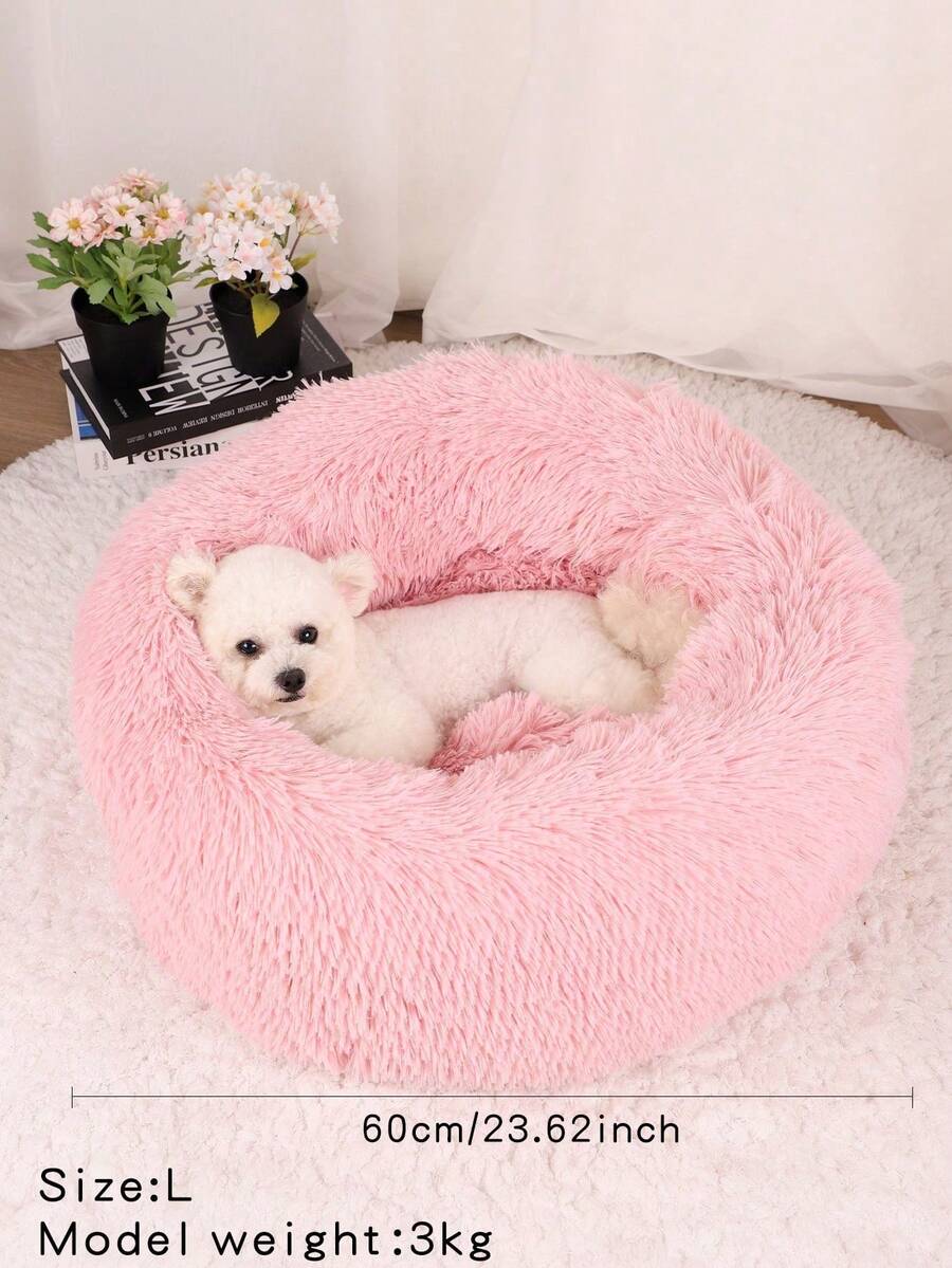 Pink plush round pet bed soft sleep cushion for cats and dogs filled with polypropylene fibers