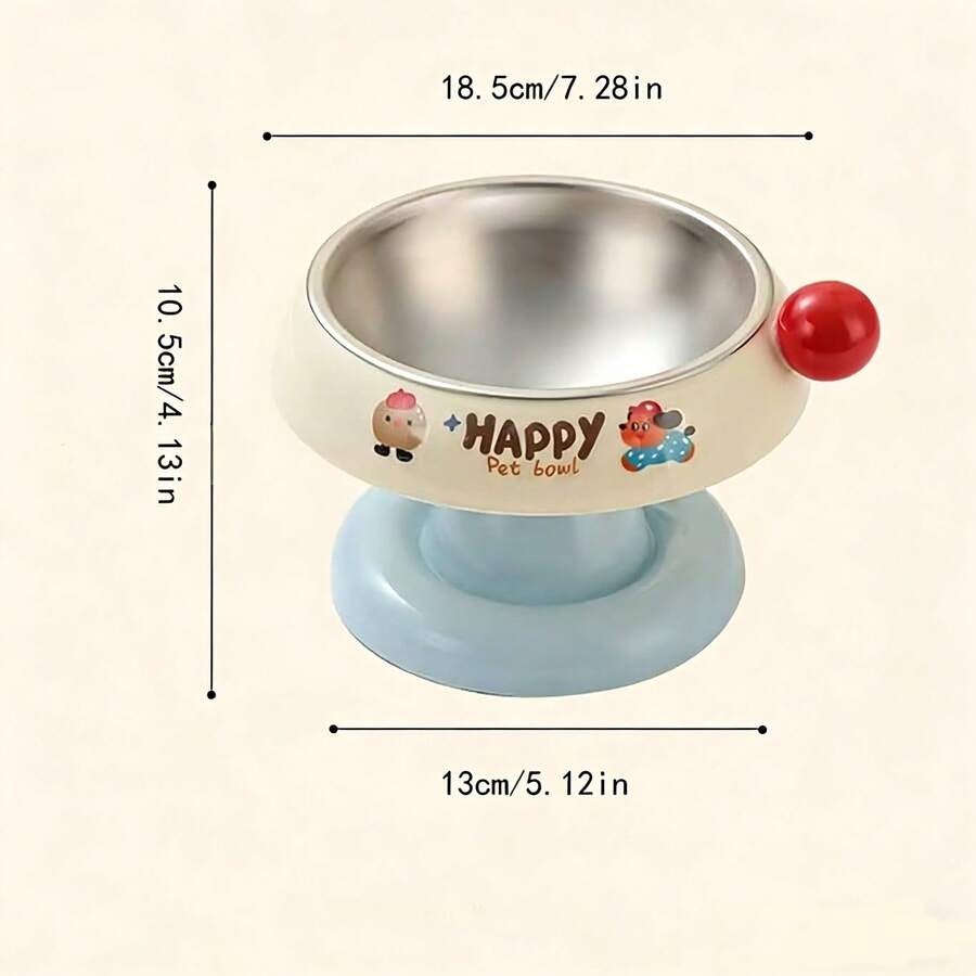 Elevated pet food bowl with cute cartoon style design, stainless steel lining, PP stand, and anti-slip base for cats and dogs.