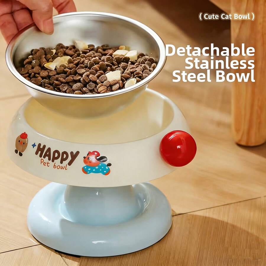 Elevated pet food bowl with cute cartoon style design, stainless steel lining, PP stand, and anti-slip base for cats and dogs.