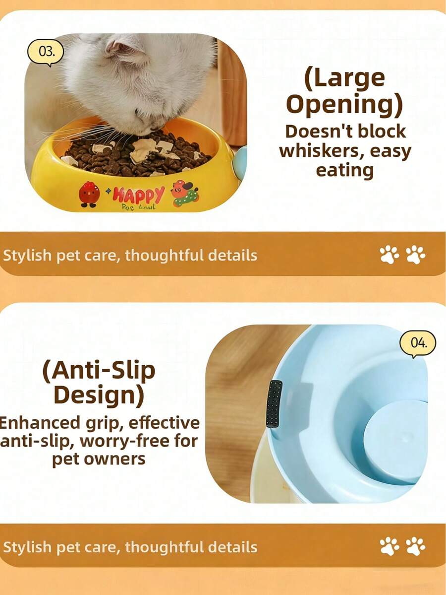 Elevated pet food bowl with cute cartoon style design, stainless steel lining, PP stand, and anti-slip base for cats and dogs.