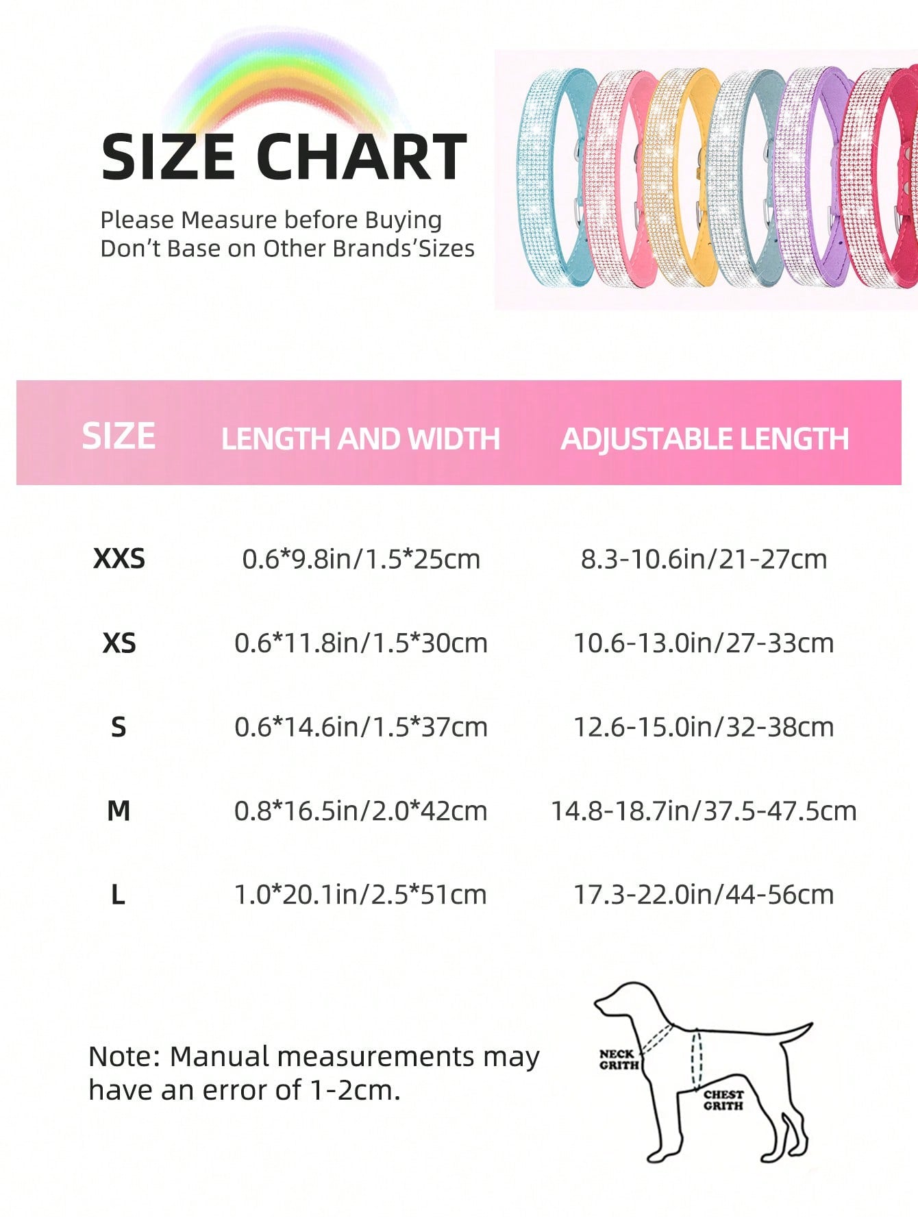 Multicolor sparkling crystal adjustable dog and cat collar made from polyurethane PU for pets with 16-46cm neck size