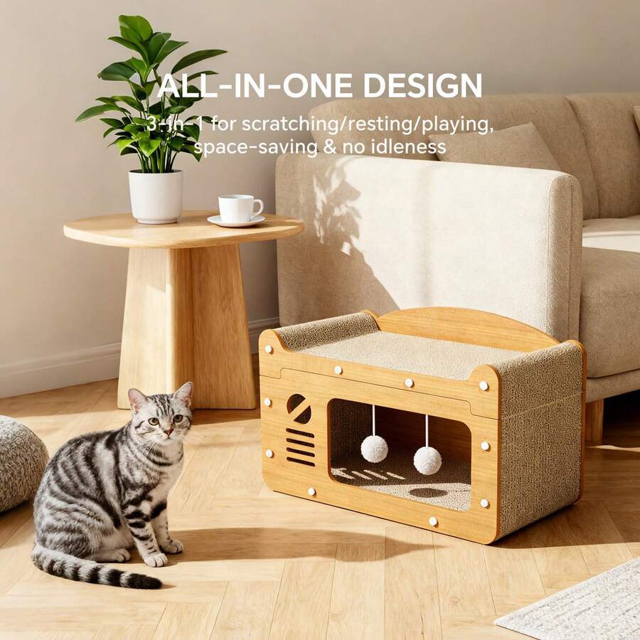 Cardboard cat scratcher house and lounger bed measuring 56x30x30cm for cats and kittens to scratch and rest