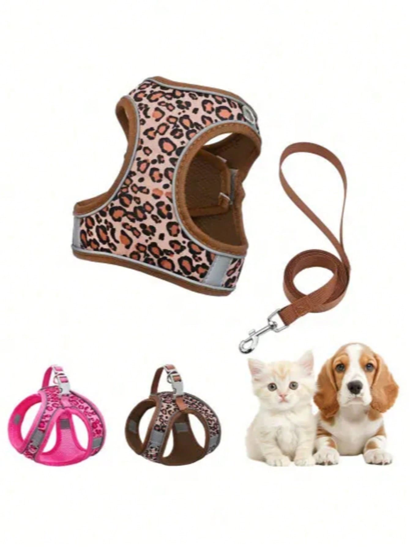Leopard print cat and dog harness leash set made of breathable polyester mesh with adjustable fit and reflective stripes for small to medium pets