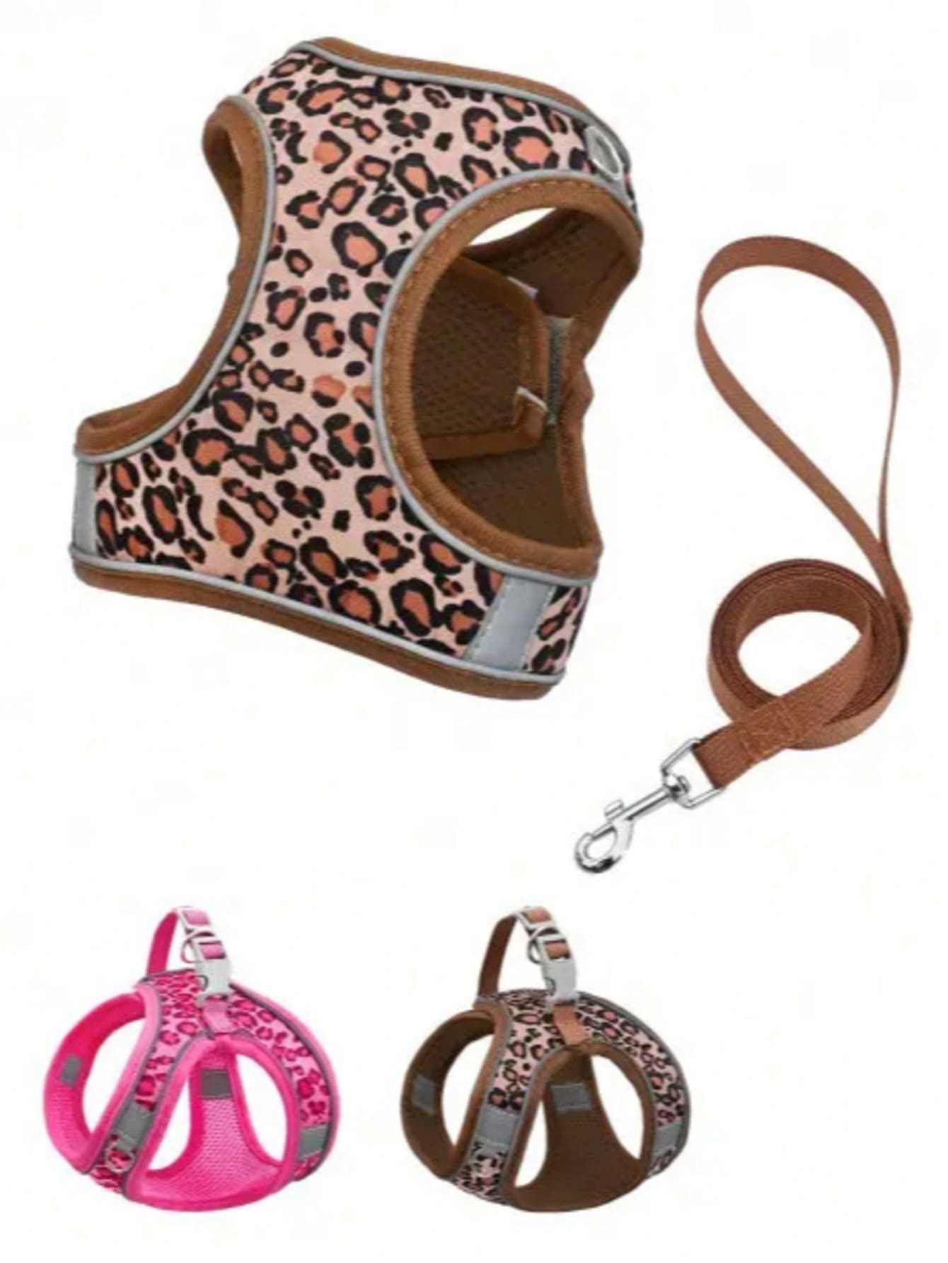 Leopard print cat and dog harness leash set made of breathable polyester mesh with adjustable fit and reflective stripes for small to medium pets