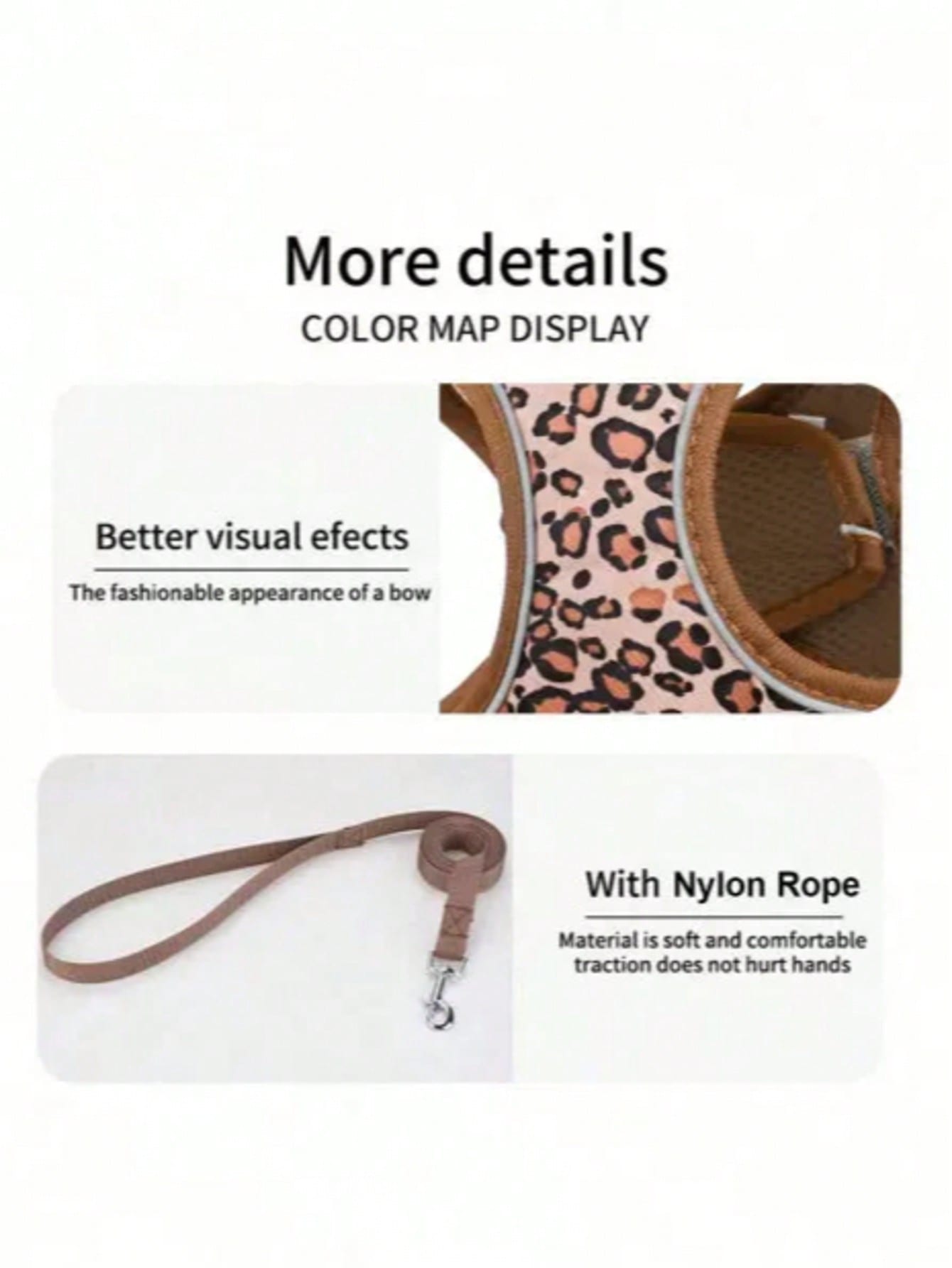 Leopard print cat and dog harness leash set made of breathable polyester mesh with adjustable fit and reflective stripes for small to medium pets
