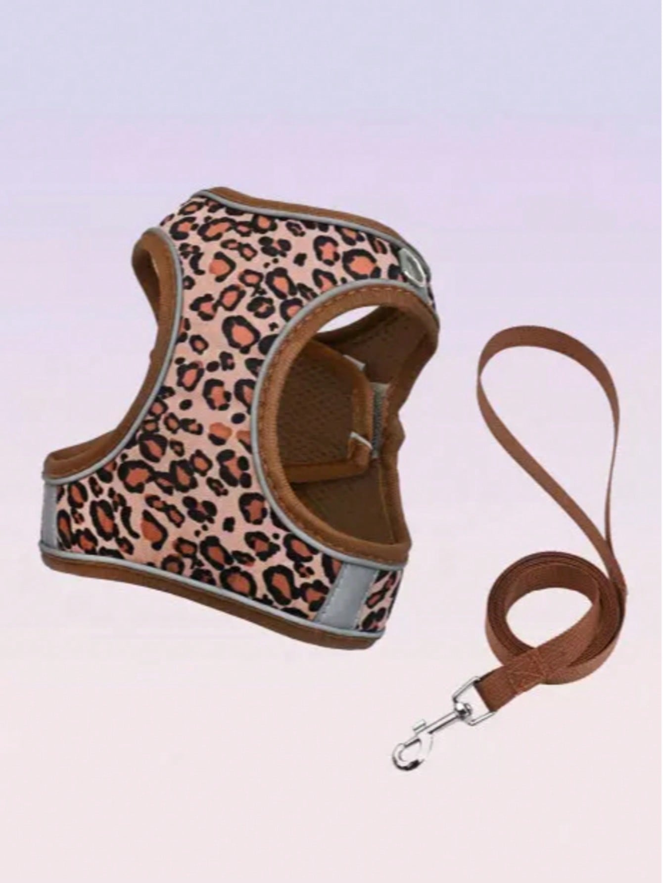 Leopard print cat and dog harness leash set made of breathable polyester mesh with adjustable fit and reflective stripes for small to medium pets
