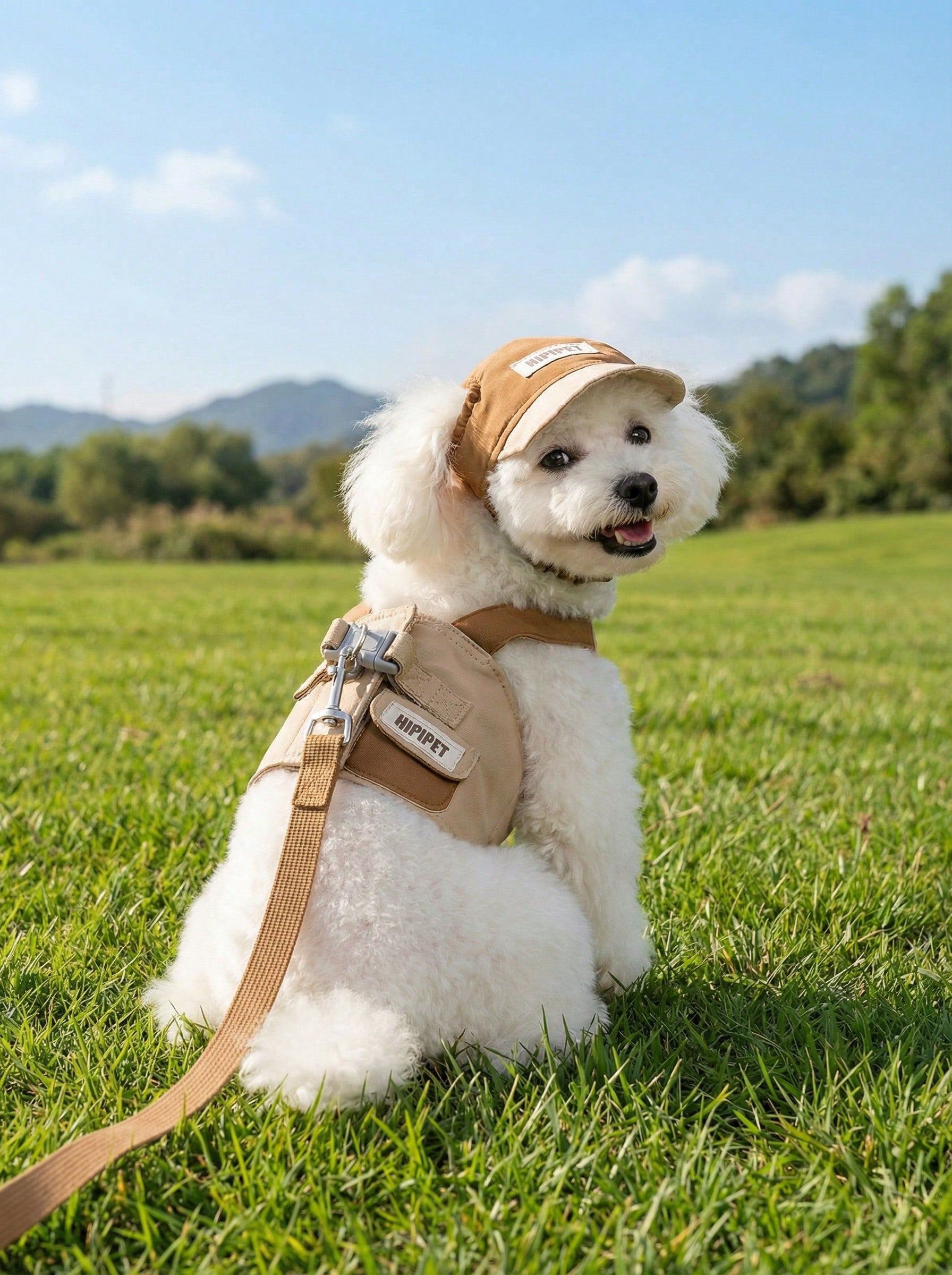 Brown polyester dog harness and leash set with hoodie for small to medium dogs and cats, adjustable and washable pet walking outfit.