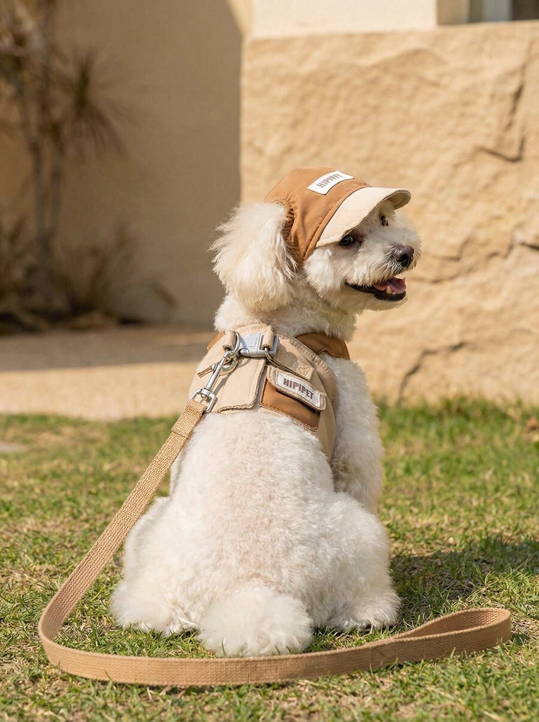 Brown polyester dog harness and leash set with hoodie for small to medium dogs and cats, adjustable and washable pet walking outfit.