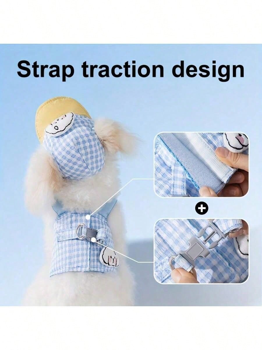 Blue polyester dog harness and leash set with hoodie, adjustable and washable for small to medium dogs and cats
