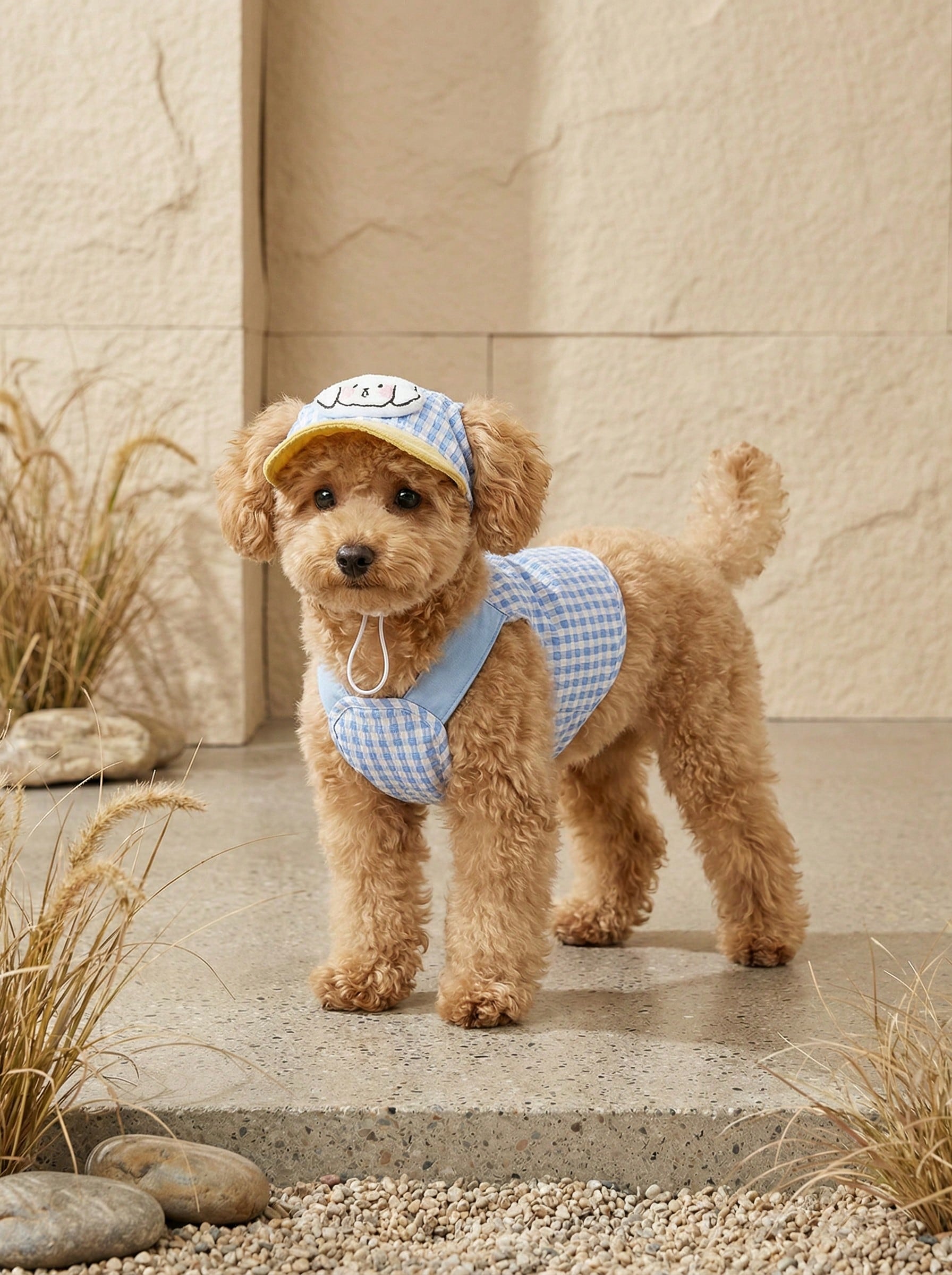 Blue polyester dog harness and leash set with hoodie, adjustable and washable for small to medium dogs and cats