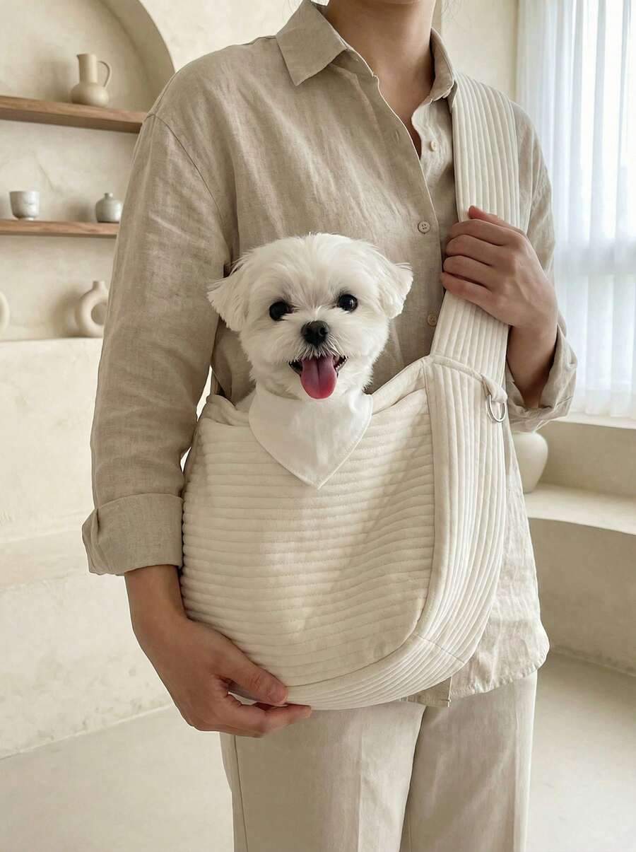 White canvas pet carrier tote bag with shoulder strap for cats and small dogs