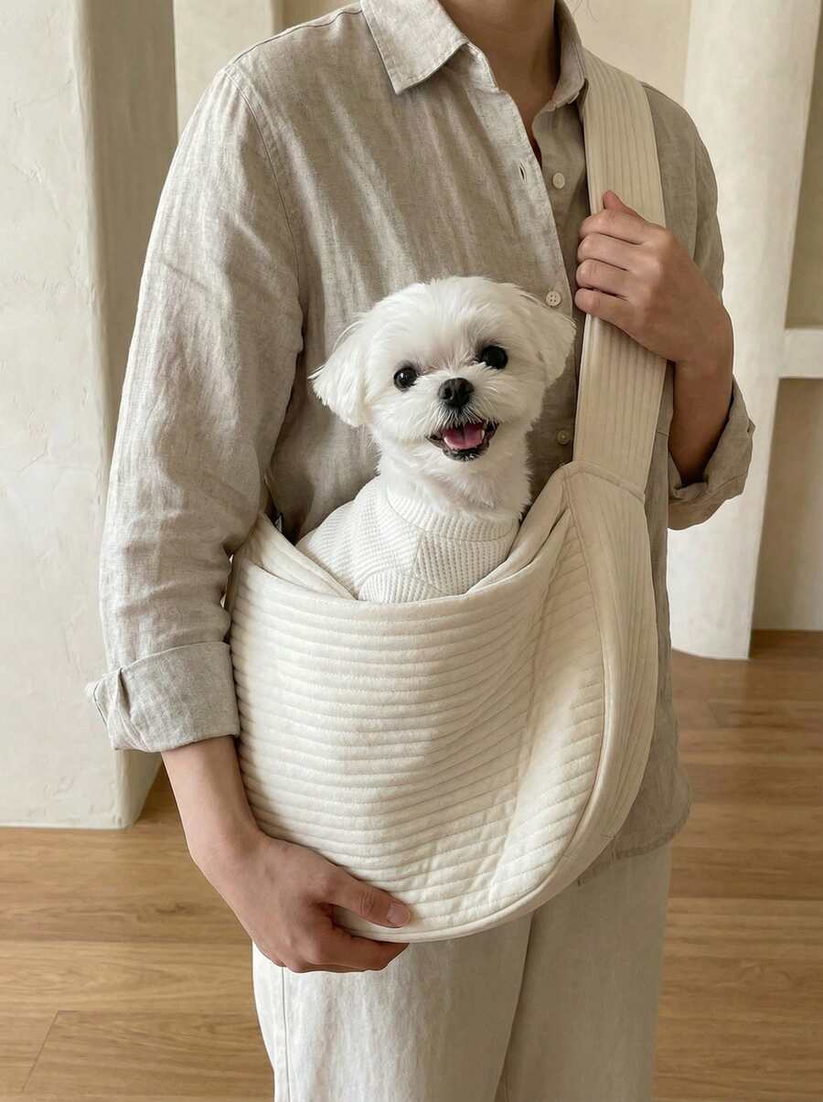 White canvas pet carrier tote bag with shoulder strap for cats and small dogs
