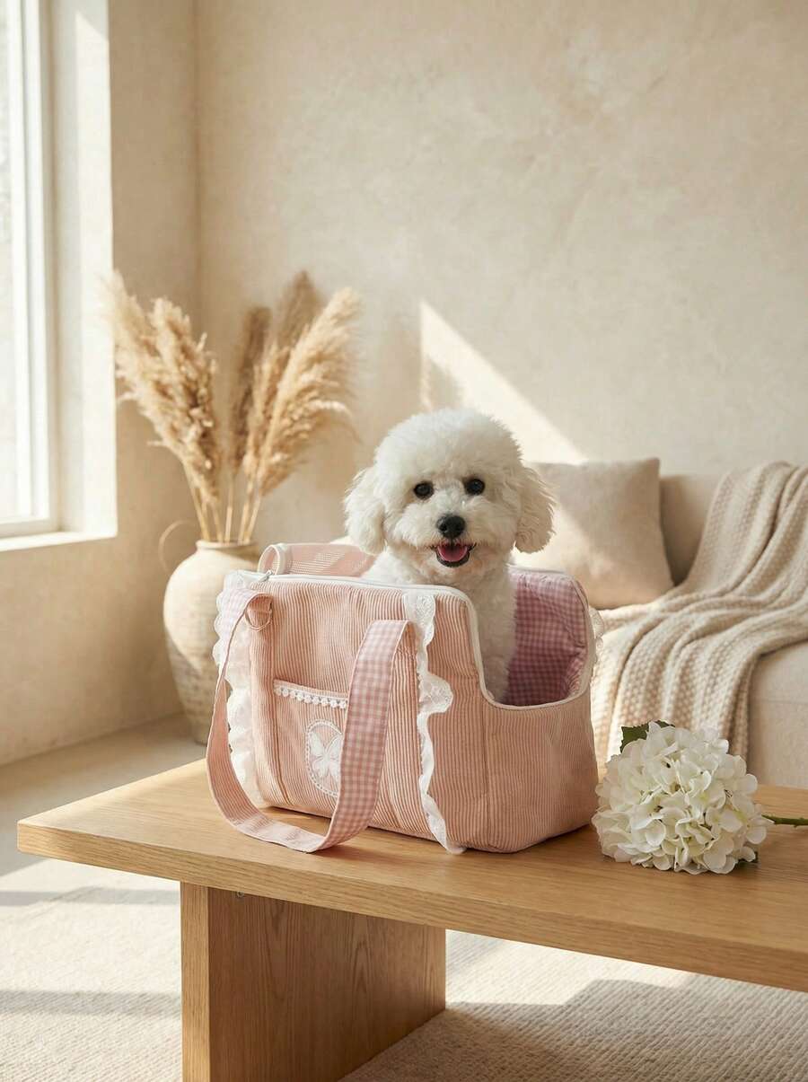 Pink polyester pet carrier bag with shoulder strap for small dogs and cats