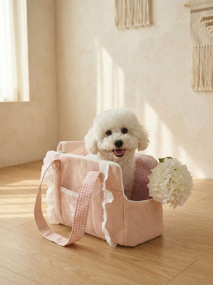 Pink polyester pet carrier bag with shoulder strap for small dogs and cats