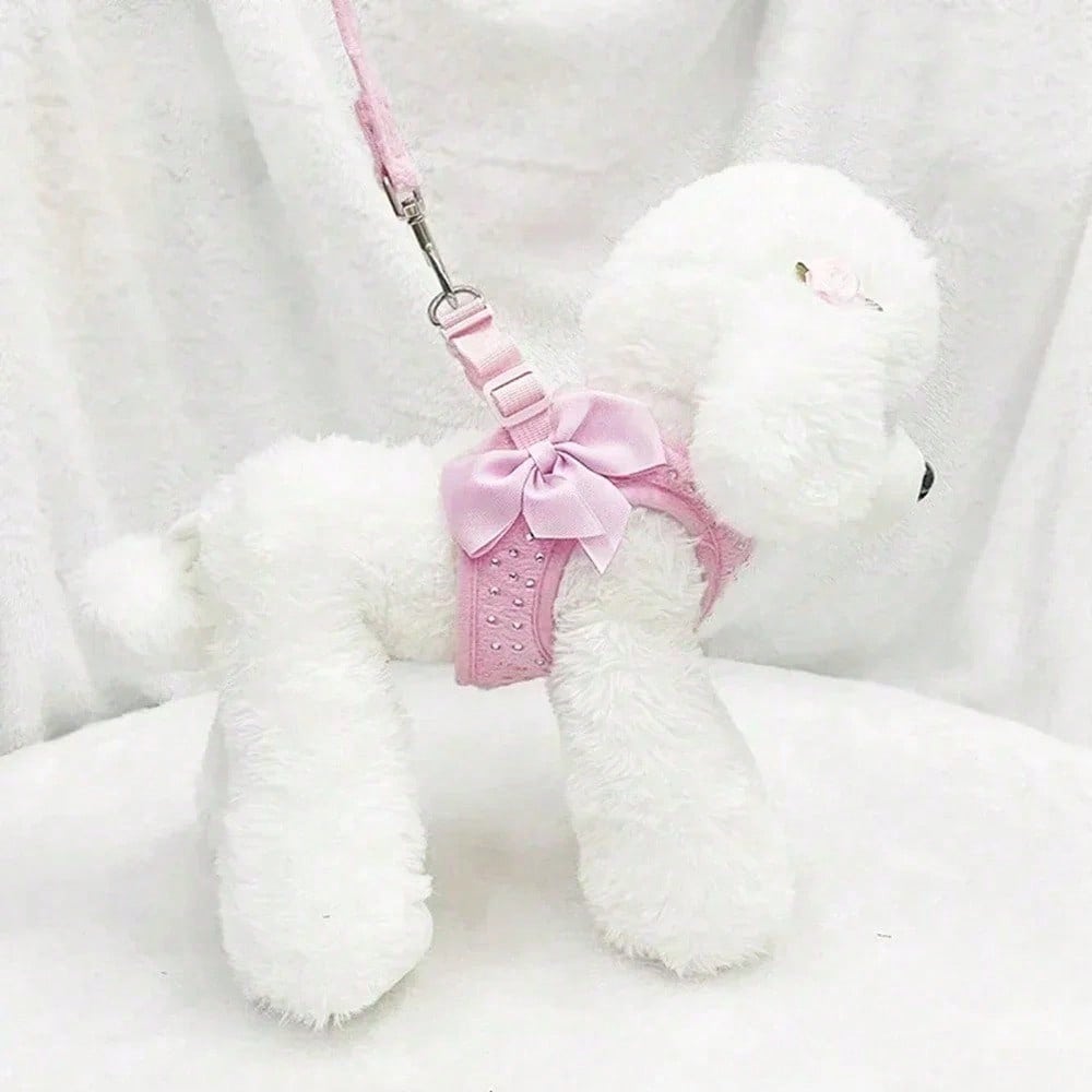 Soft Breathable Dog Harness With Rhinestone Decoration, Black & Pink Strap Leash, Comfortable Pet Collar