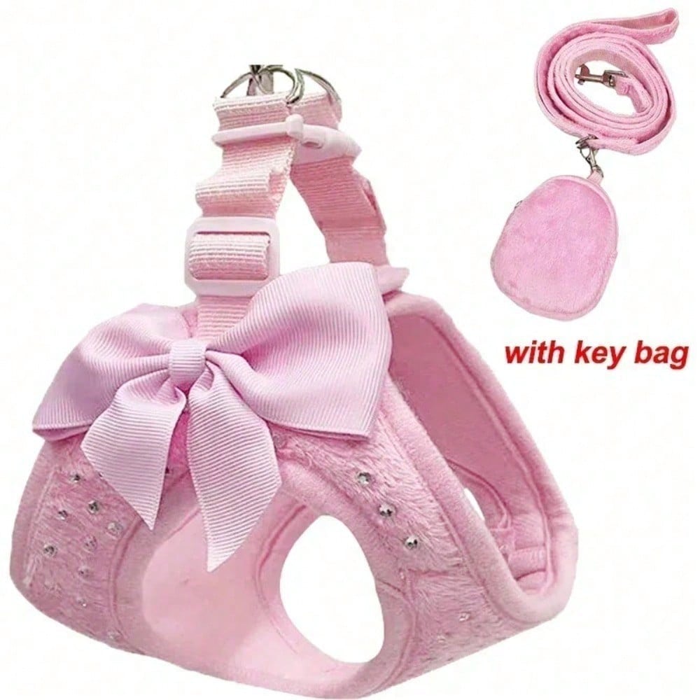 Soft Breathable Dog Harness With Rhinestone Decoration, Black & Pink Strap Leash, Comfortable Pet Collar