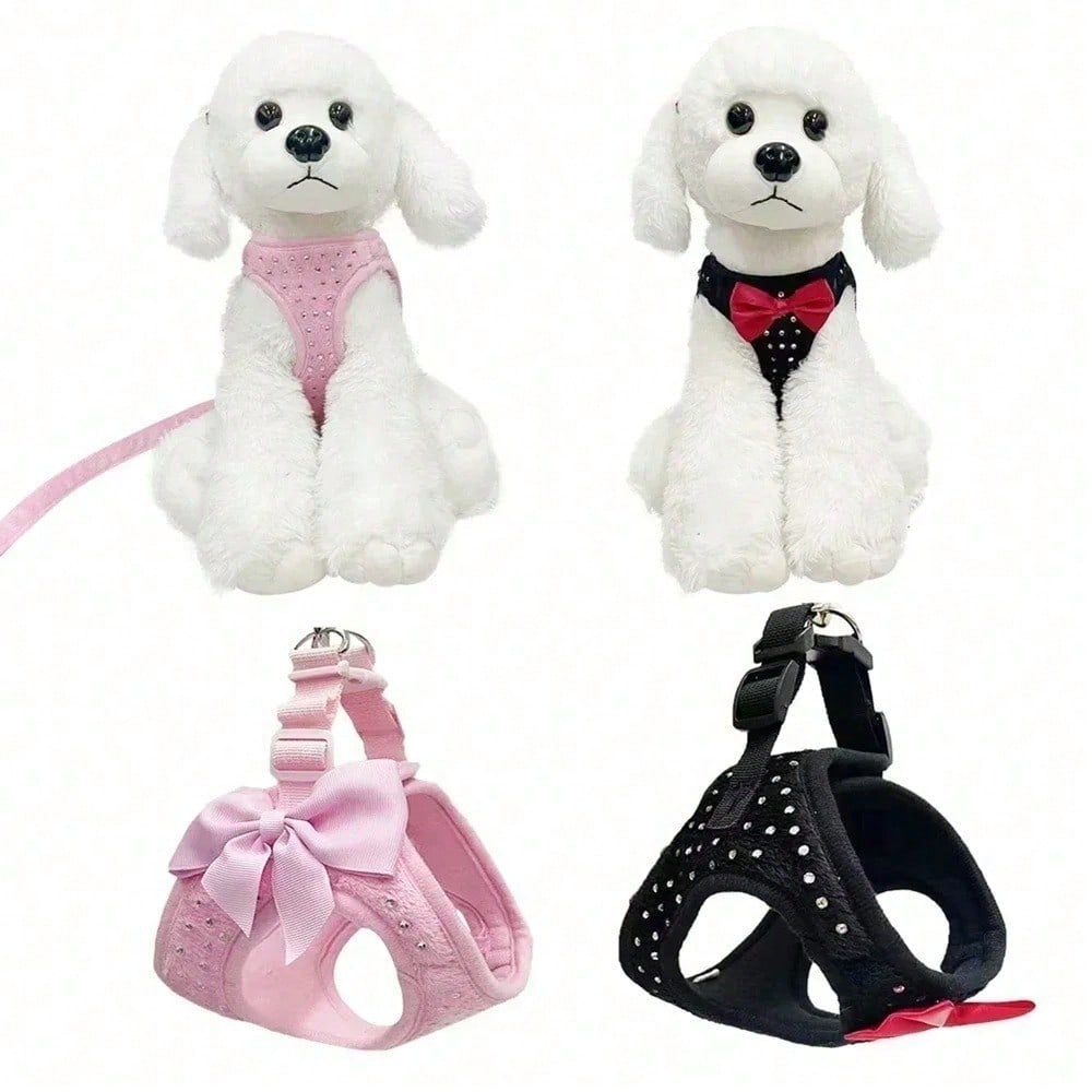 Soft Breathable Dog Harness With Rhinestone Decoration, Black & Pink Strap Leash, Comfortable Pet Collar