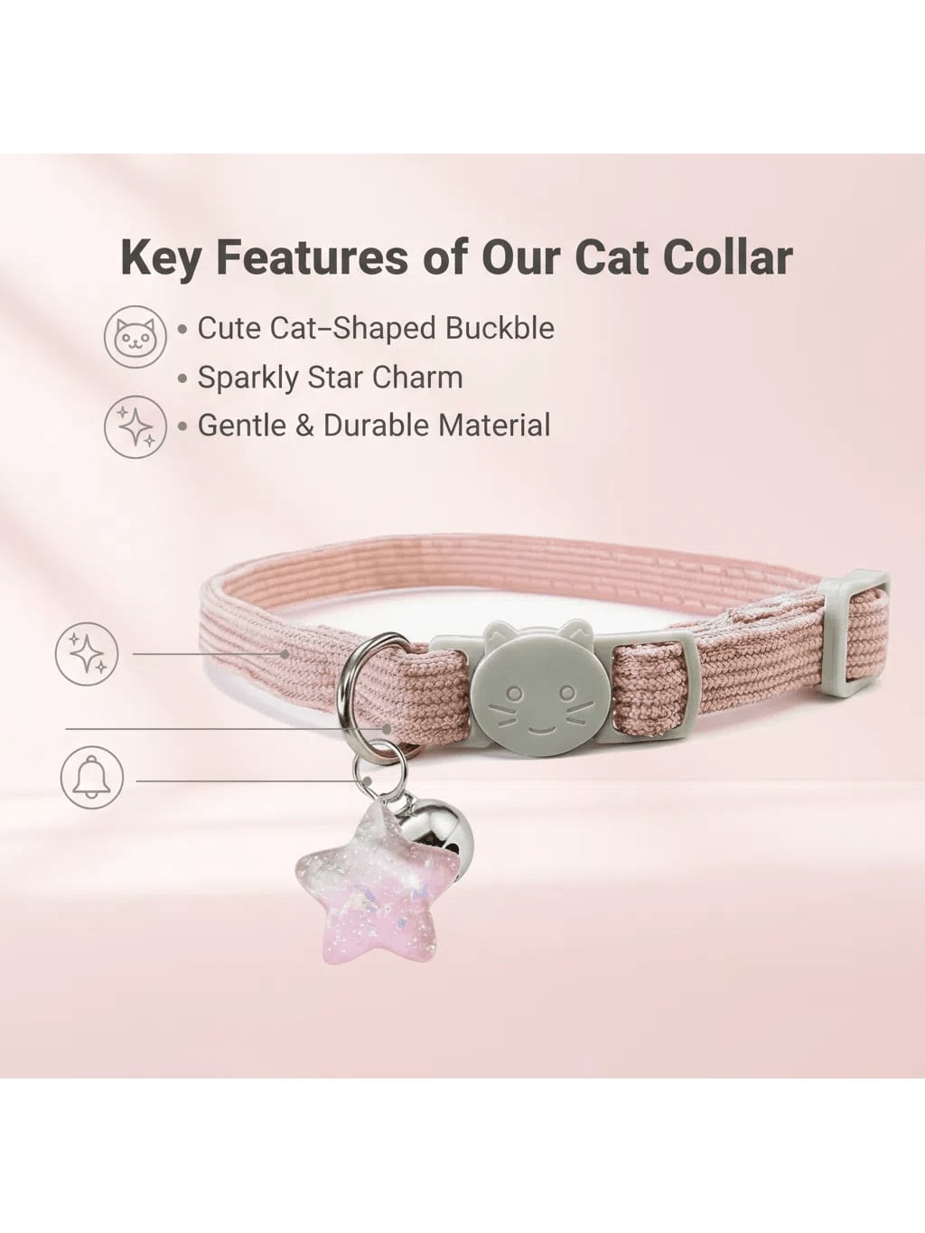 Multicolor adjustable polyester cat collar with detachable safety buckle and star pendant for small, medium, and large cats