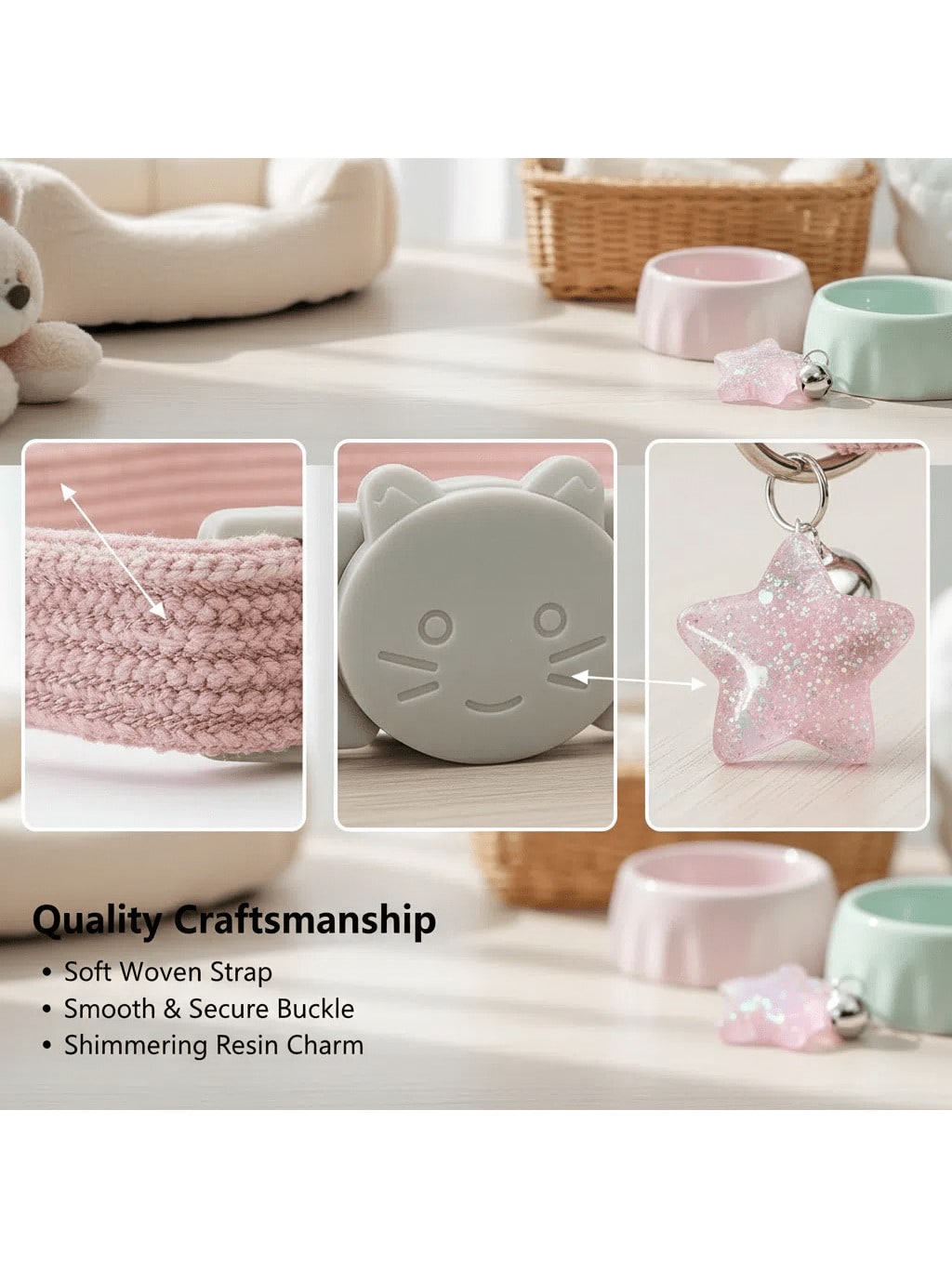 Multicolor adjustable polyester cat collar with detachable safety buckle and star pendant for small, medium, and large cats