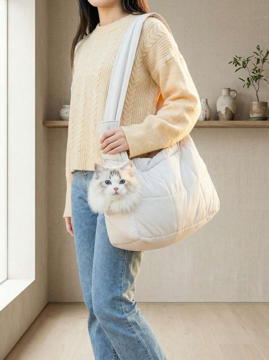 Multicolor portable warm cat carrier bag with visible head opening and shoulder straps for cats and dogs.
