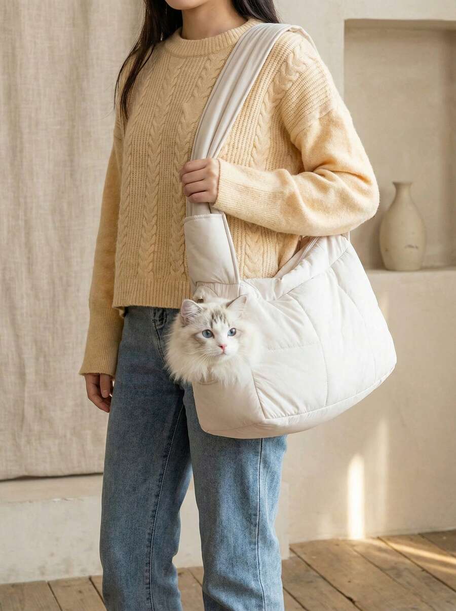 Multicolor portable warm cat carrier bag with visible head opening and shoulder straps for cats and dogs.