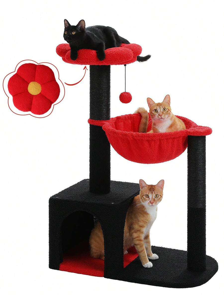 35-inch flower cat tree tower featuring a cozy metal frame hammock, spacious cat condo, and natural sisal scratching posts for indoor cats.