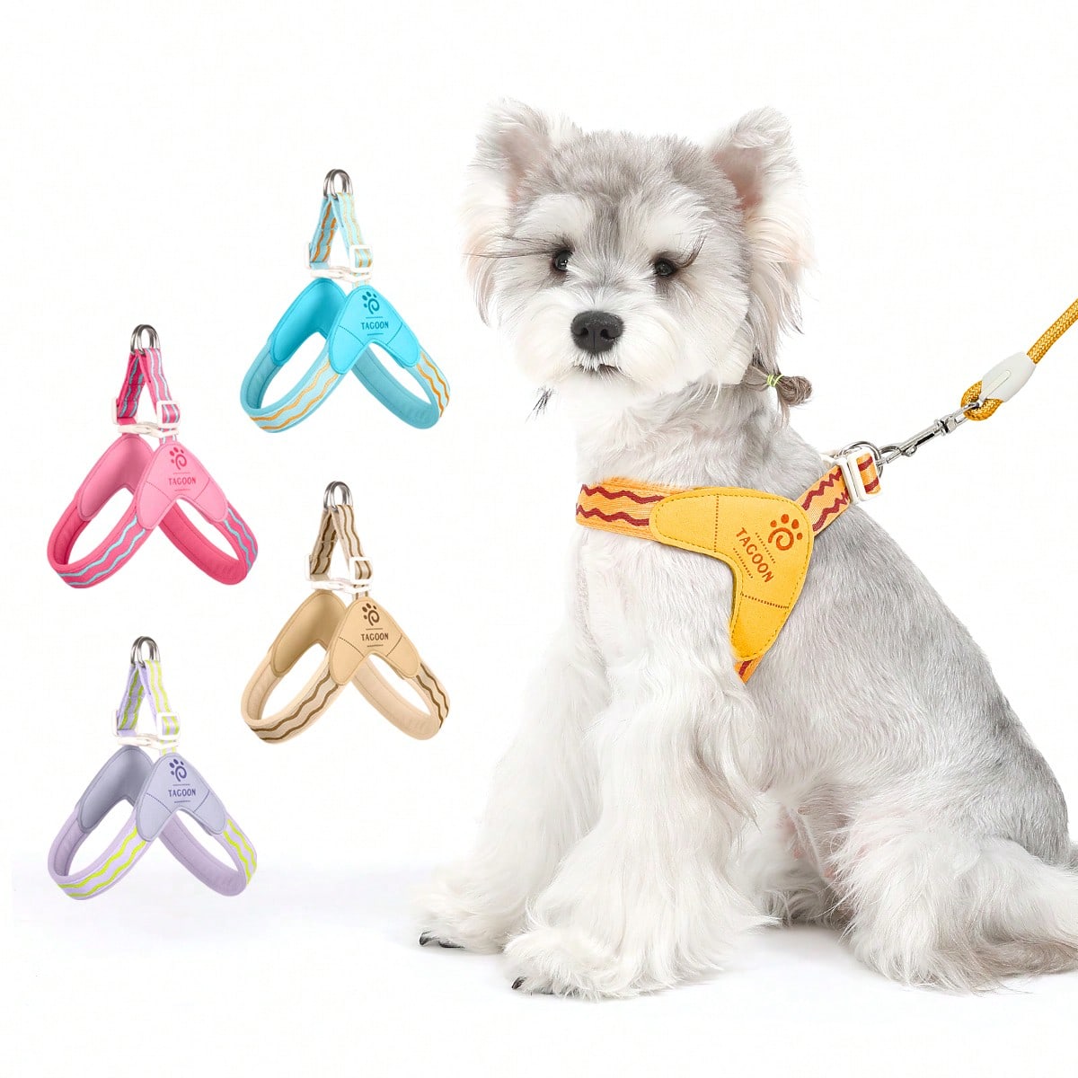 Multicolor adjustable backless vest harness for small and medium dogs or cats with soft lining, geometric graphic letter pattern, and leash clip for walking and training
