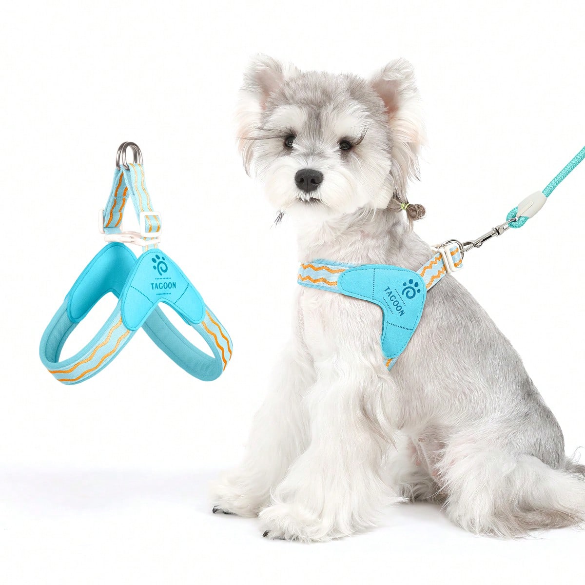 Multicolor adjustable backless vest harness for small and medium dogs or cats with soft lining, geometric graphic letter pattern, and leash clip for walking and training