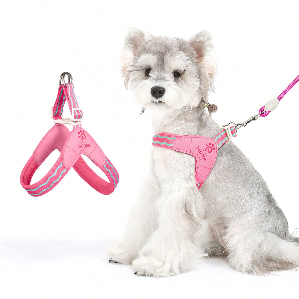 Multicolor adjustable backless vest harness for small and medium dogs or cats with soft lining, geometric graphic letter pattern, and leash clip for walking and training