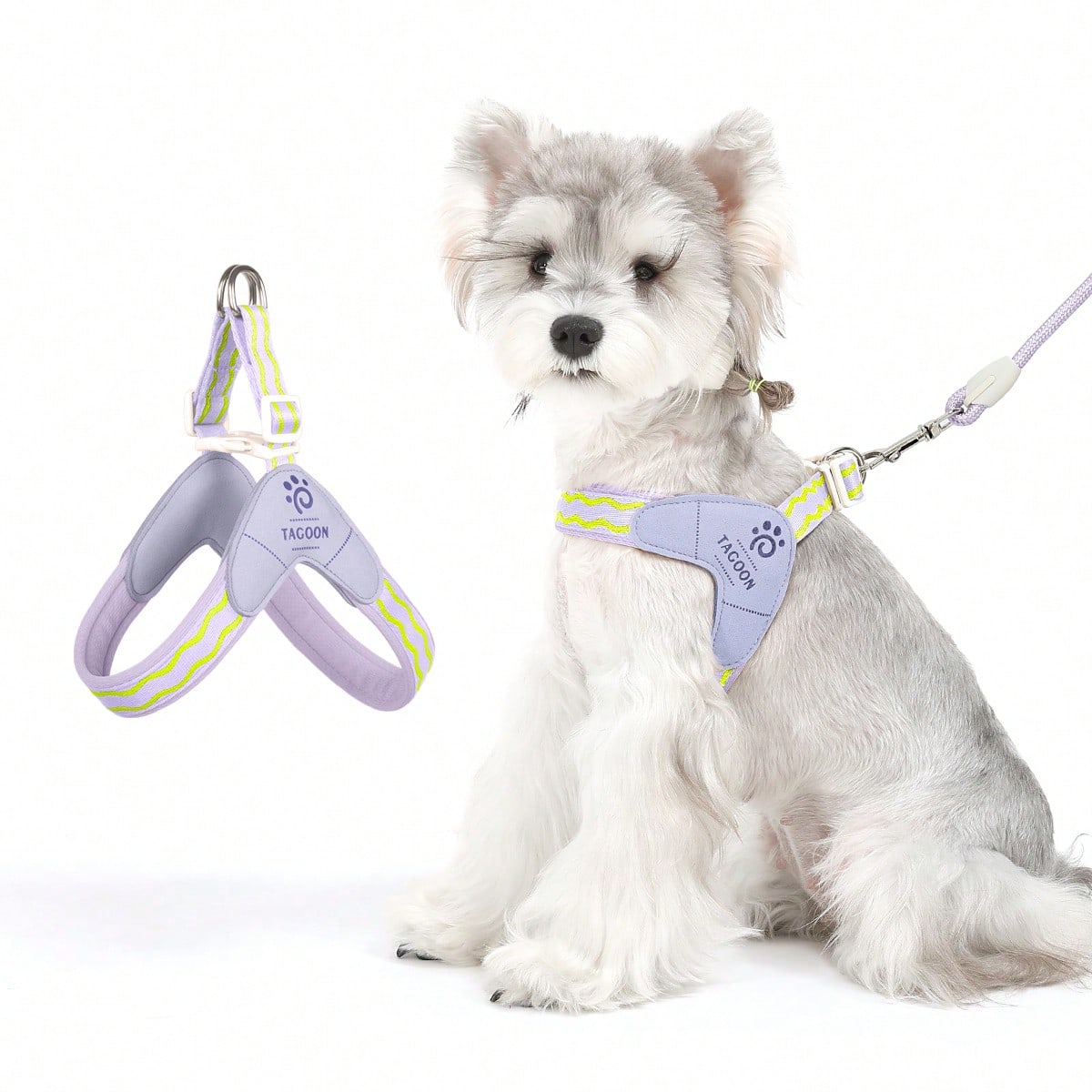 Multicolor adjustable backless vest harness for small and medium dogs or cats with soft lining, geometric graphic letter pattern, and leash clip for walking and training