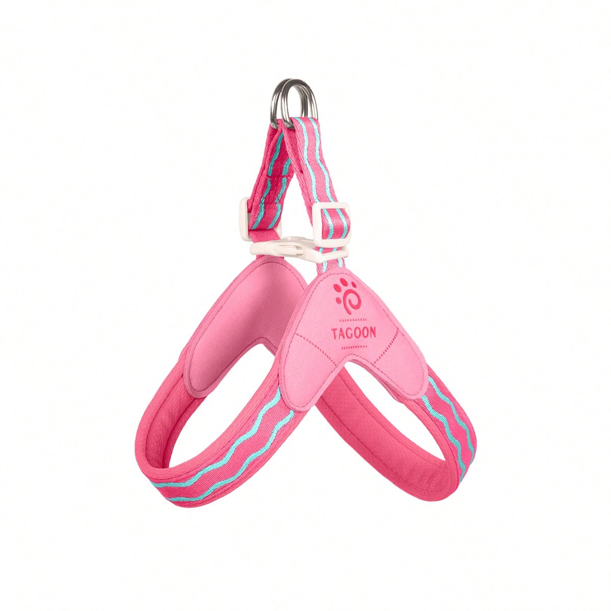 Multicolor adjustable backless vest harness for small and medium dogs or cats with soft lining, geometric graphic letter pattern, and leash clip for walking and training