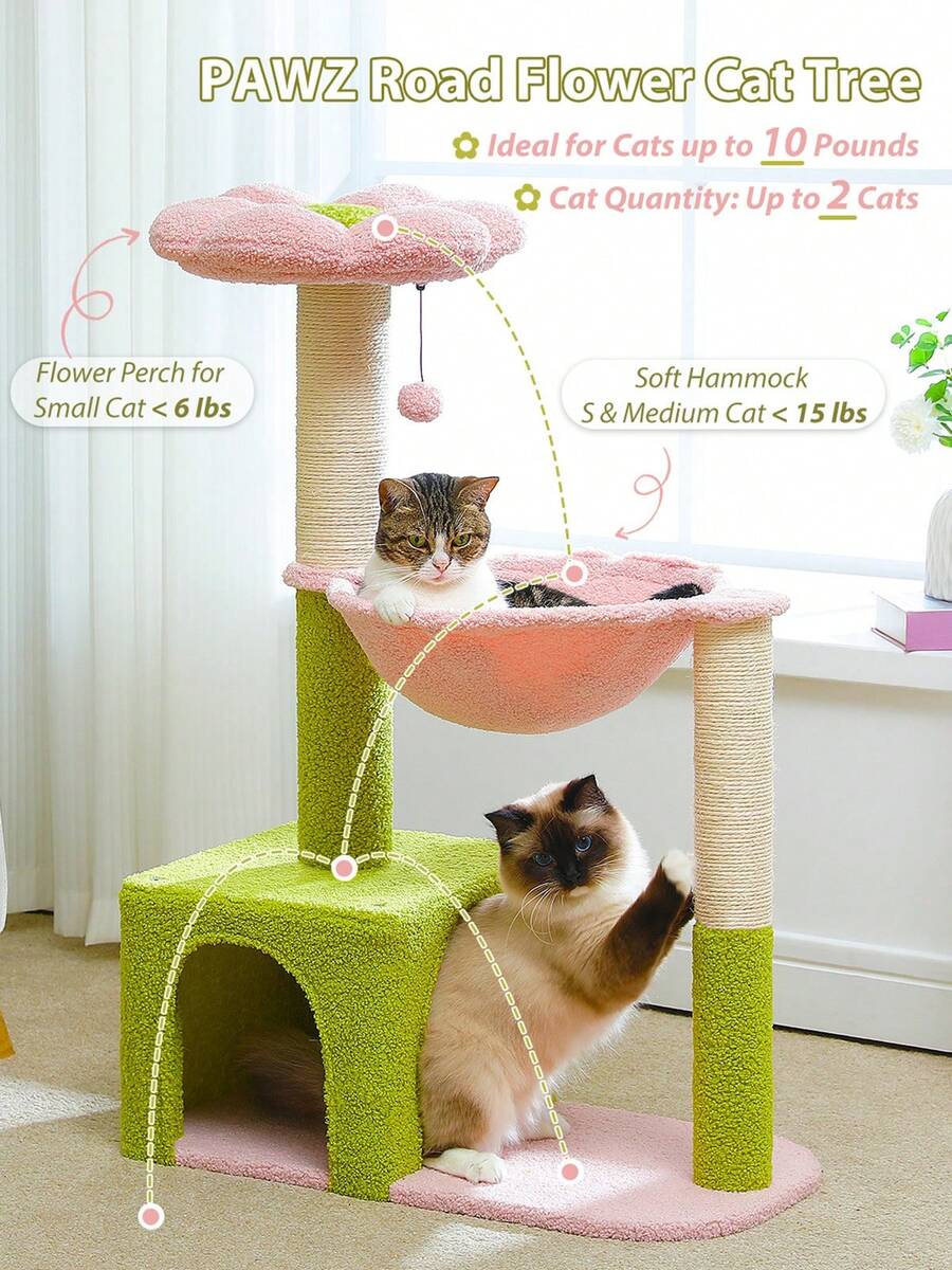 35-inch flower cat tree tower featuring a cozy metal frame hammock, spacious cat condo, and natural sisal scratching posts for indoor cats.
