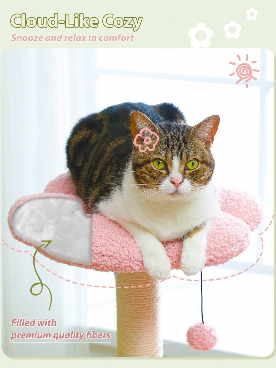 35-inch flower cat tree tower featuring a cozy metal frame hammock, spacious cat condo, and natural sisal scratching posts for indoor cats.