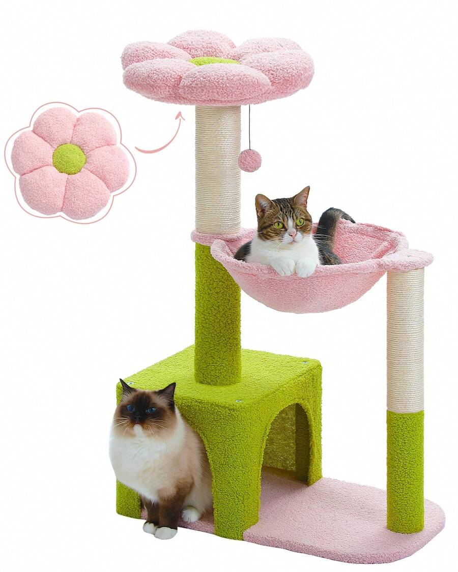 35-inch flower cat tree tower featuring a cozy metal frame hammock, spacious cat condo, and natural sisal scratching posts for indoor cats.