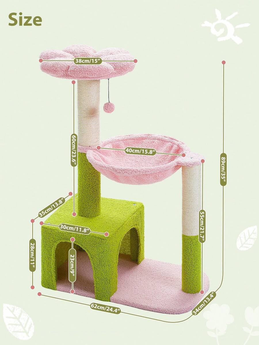 35-inch flower cat tree tower featuring a cozy metal frame hammock, spacious cat condo, and natural sisal scratching posts for indoor cats.