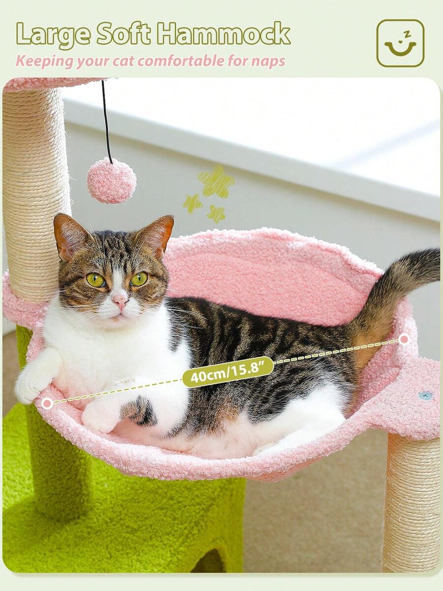 35-inch flower cat tree tower featuring a cozy metal frame hammock, spacious cat condo, and natural sisal scratching posts for indoor cats.