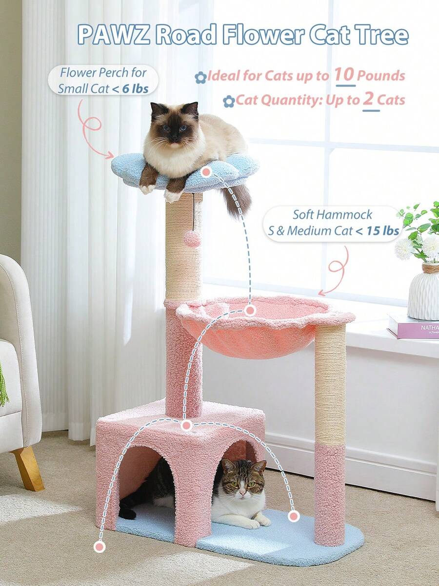 35-inch flower cat tree tower featuring a cozy metal frame hammock, spacious cat condo, and natural sisal scratching posts for indoor cats.
