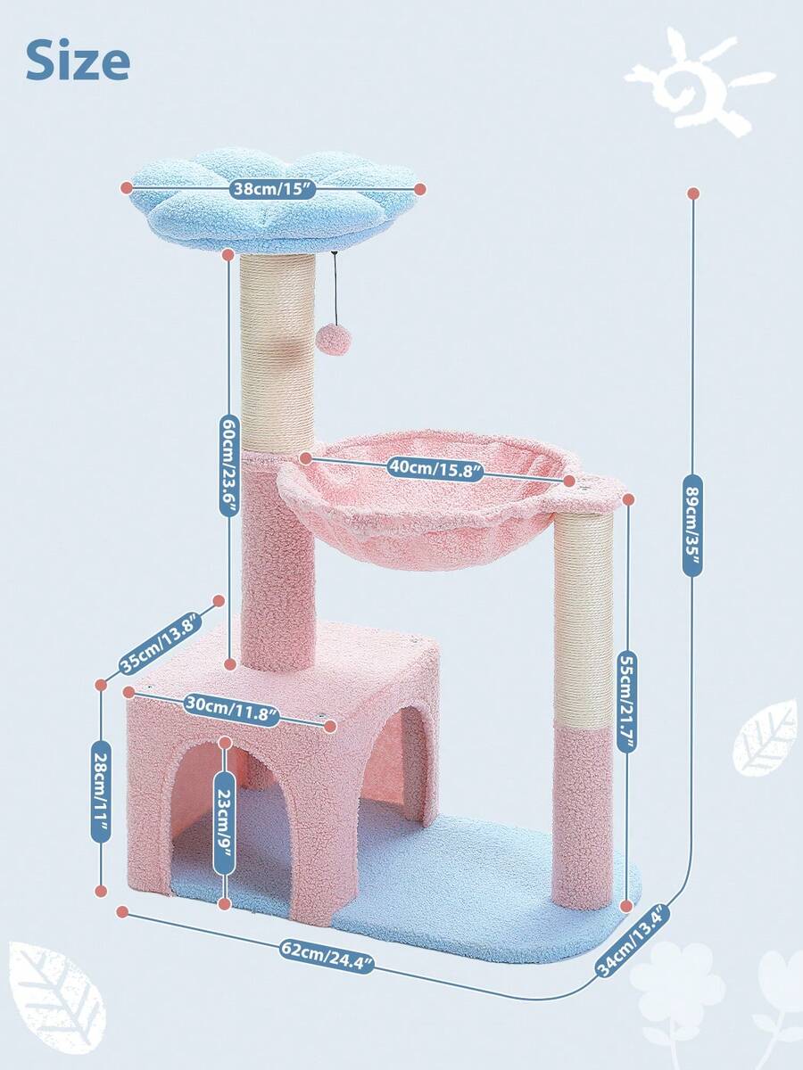 35-inch flower cat tree tower featuring a cozy metal frame hammock, spacious cat condo, and natural sisal scratching posts for indoor cats.