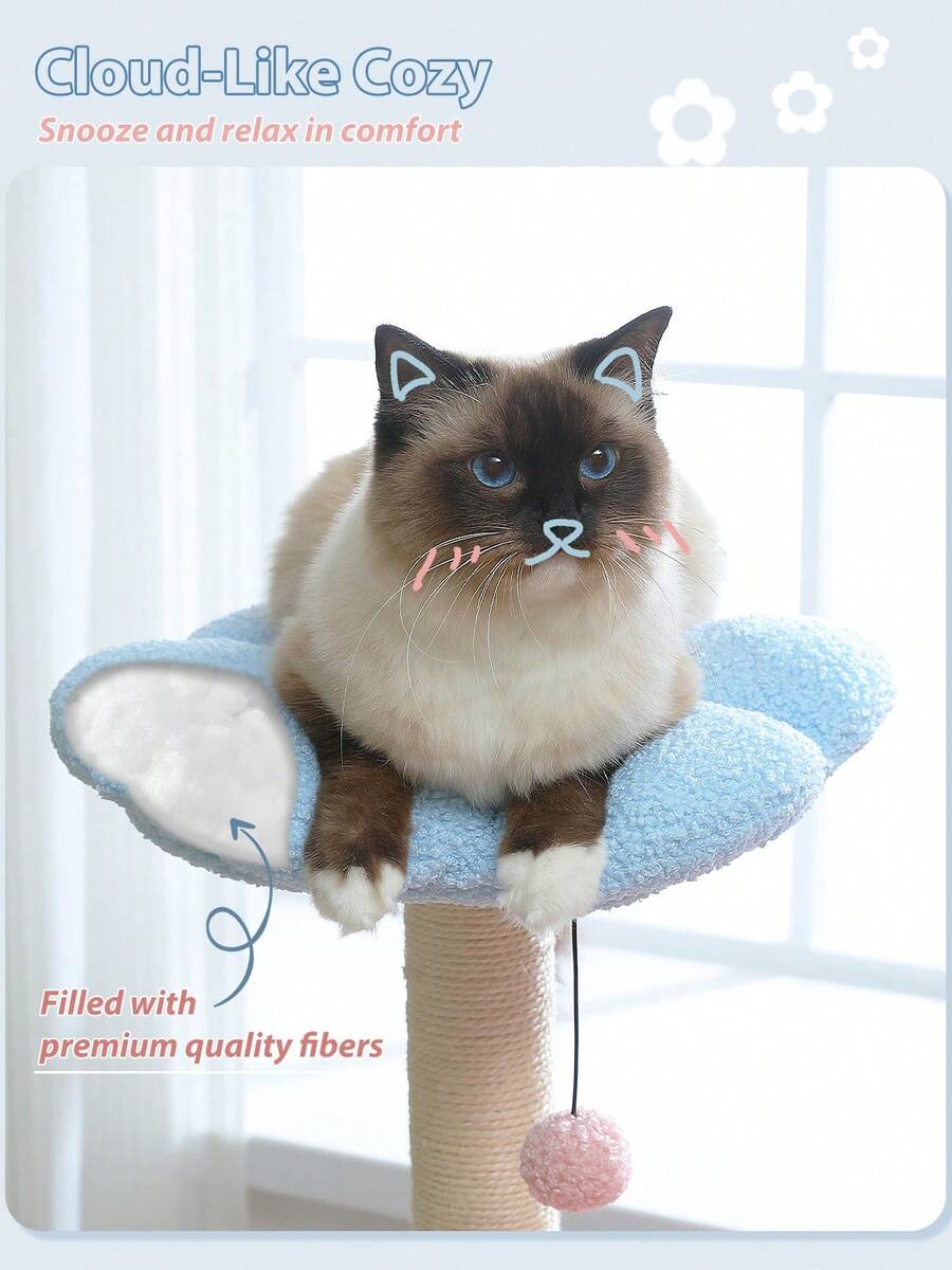 35-inch flower cat tree tower featuring a cozy metal frame hammock, spacious cat condo, and natural sisal scratching posts for indoor cats.