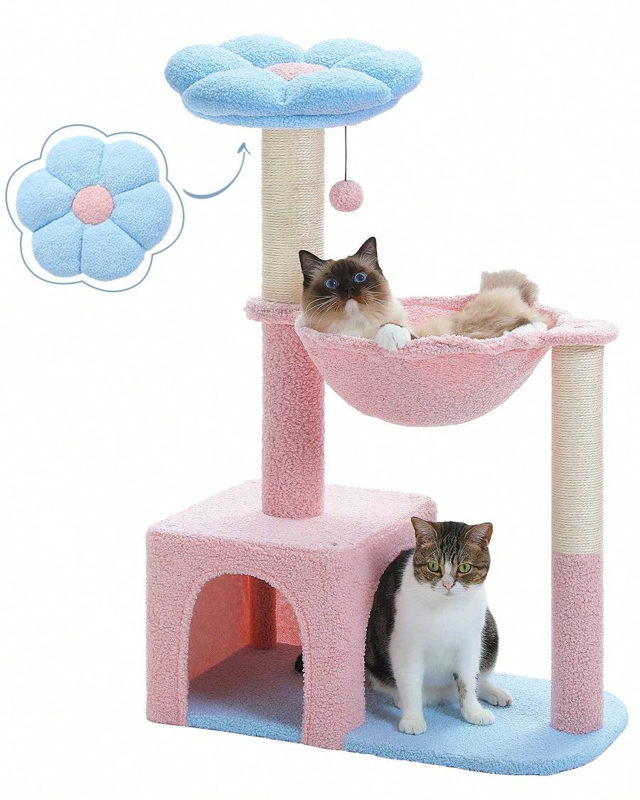 35-inch flower cat tree tower featuring a cozy metal frame hammock, spacious cat condo, and natural sisal scratching posts for indoor cats.