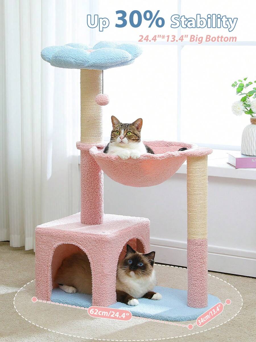 35-inch flower cat tree tower featuring a cozy metal frame hammock, spacious cat condo, and natural sisal scratching posts for indoor cats.