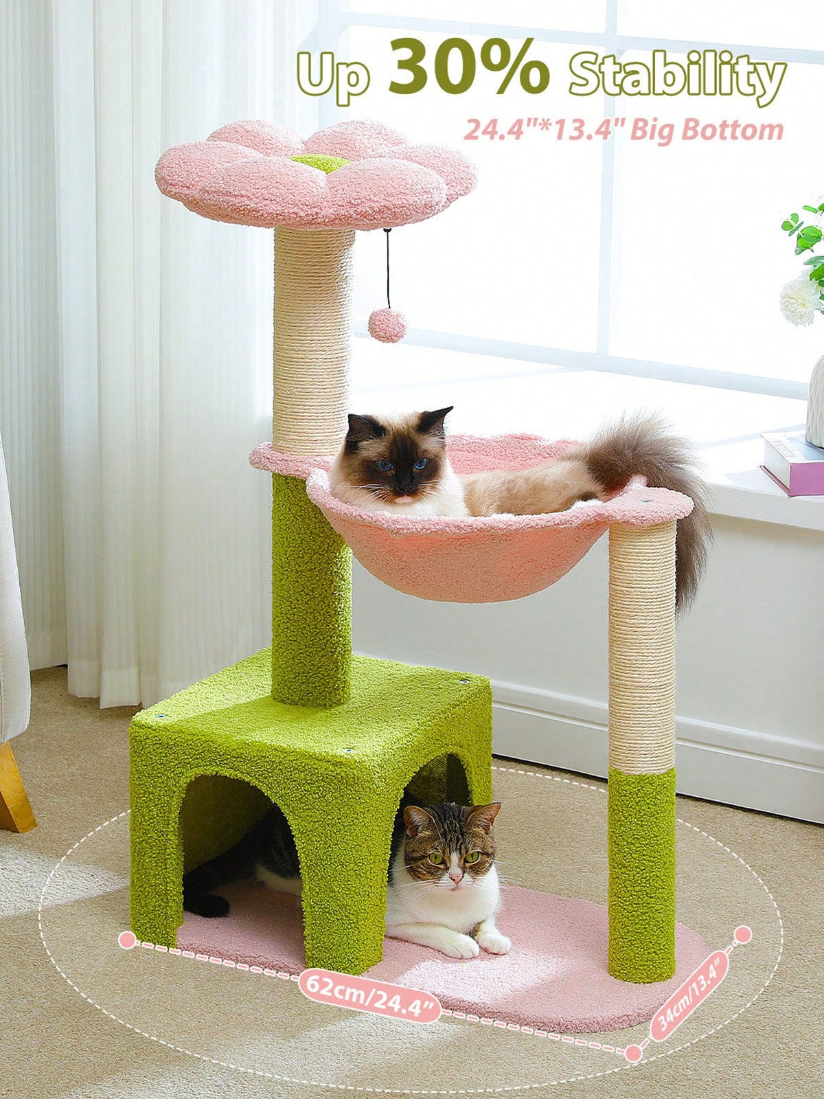 35-inch flower cat tree tower featuring a cozy metal frame hammock, spacious cat condo, and natural sisal scratching posts for indoor cats.