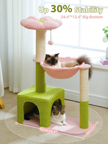 35-inch flower cat tree tower featuring a cozy metal frame hammock, spacious cat condo, and natural sisal scratching posts for indoor cats.