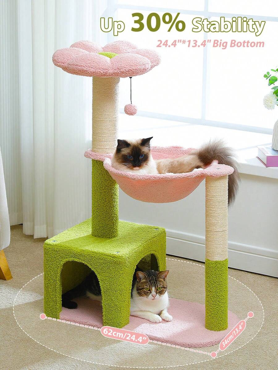 35-inch flower cat tree tower featuring a cozy metal frame hammock, spacious cat condo, and natural sisal scratching posts for indoor cats.