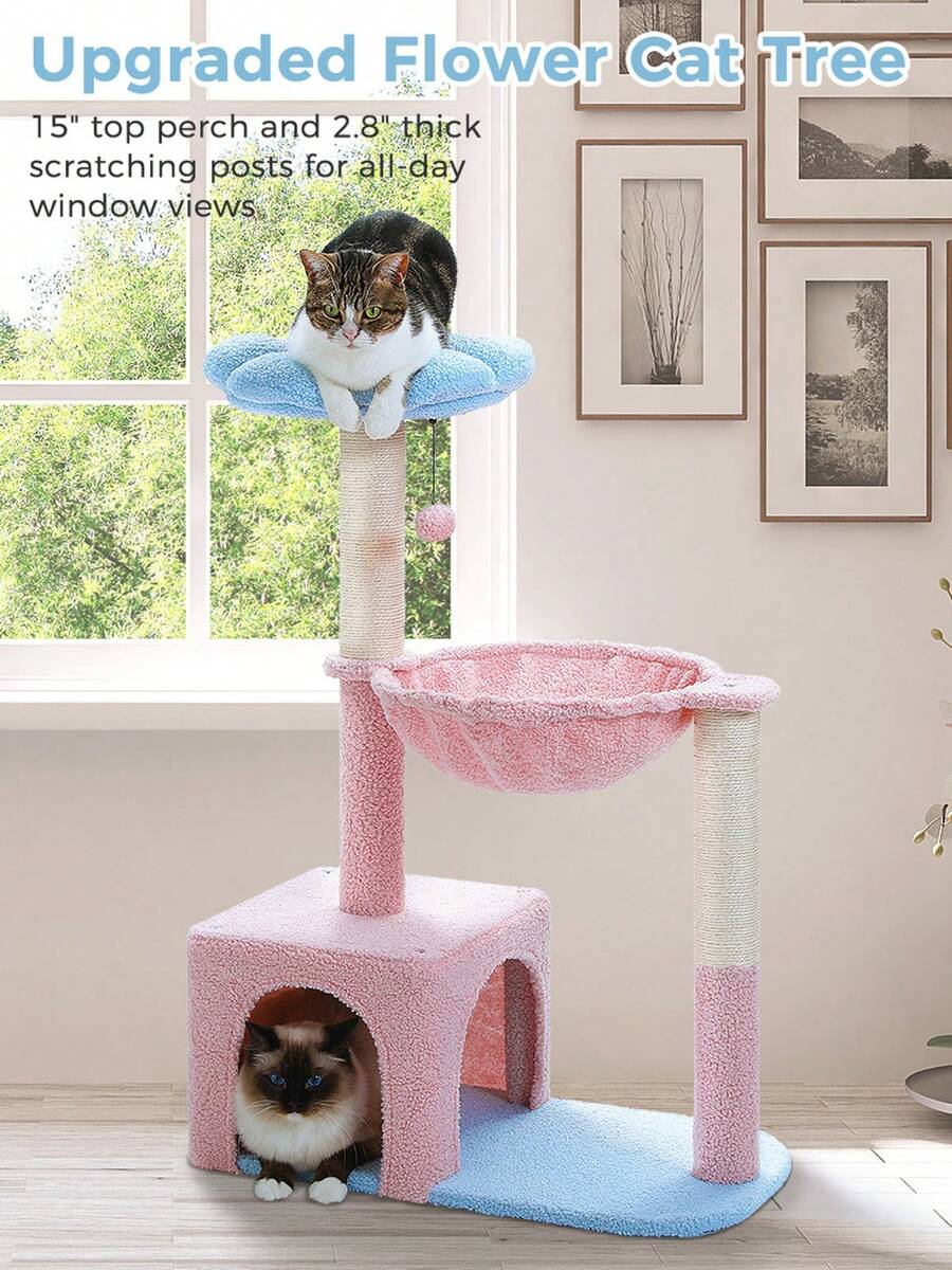 35-inch flower cat tree tower featuring a cozy metal frame hammock, spacious cat condo, and natural sisal scratching posts for indoor cats.