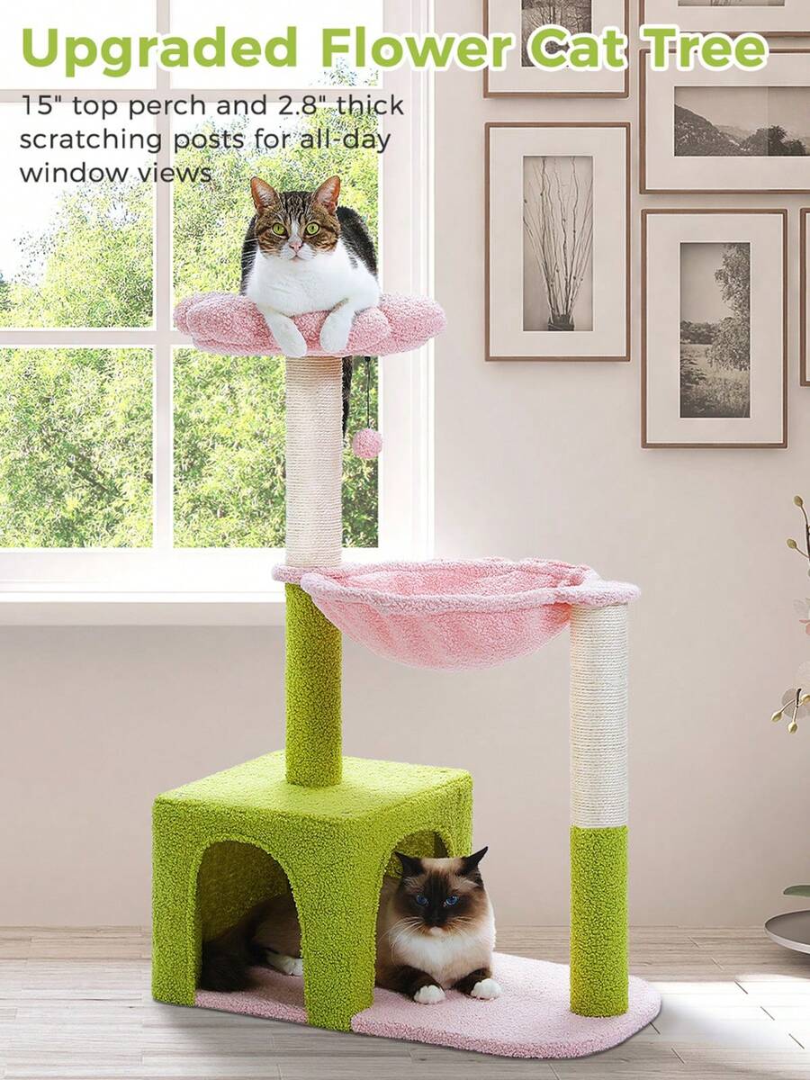 35-inch flower cat tree tower featuring a cozy metal frame hammock, spacious cat condo, and natural sisal scratching posts for indoor cats.