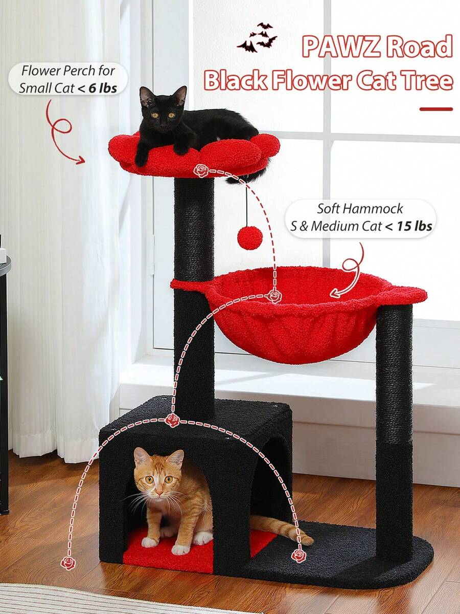 35-inch flower cat tree tower featuring a cozy metal frame hammock, spacious cat condo, and natural sisal scratching posts for indoor cats.