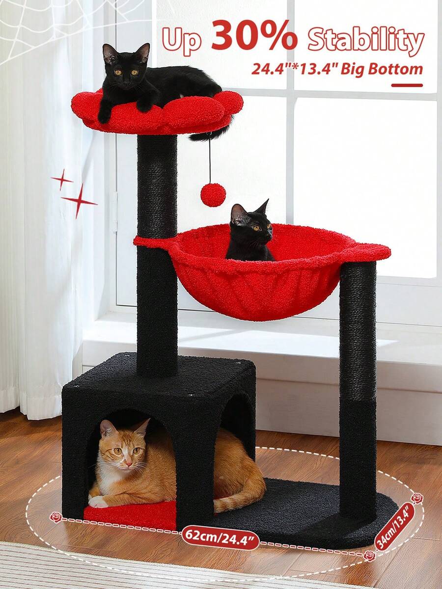 35-inch flower cat tree tower featuring a cozy metal frame hammock, spacious cat condo, and natural sisal scratching posts for indoor cats.