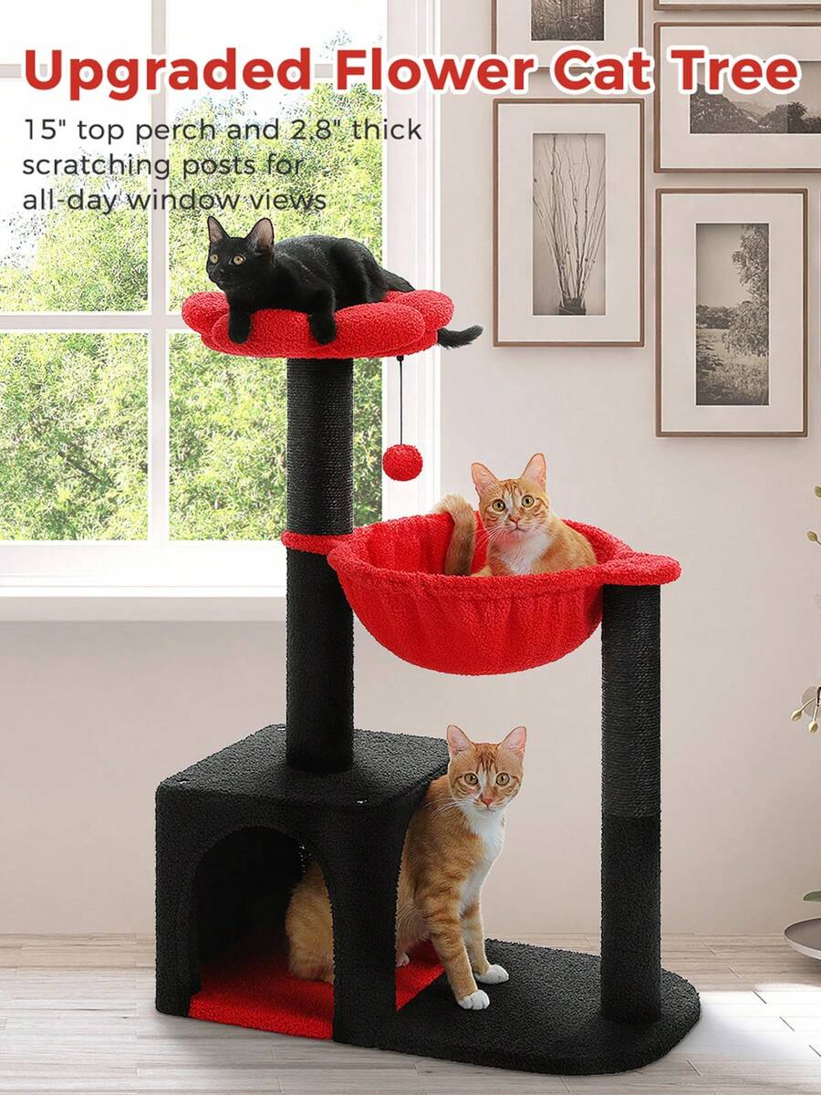 35-inch flower cat tree tower featuring a cozy metal frame hammock, spacious cat condo, and natural sisal scratching posts for indoor cats.